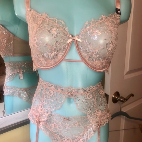 Victoria’s Secret Allure Shine Evening Blush Bra /Garter/Cheekini Set NWT 38DDD - Picture 3 of 14